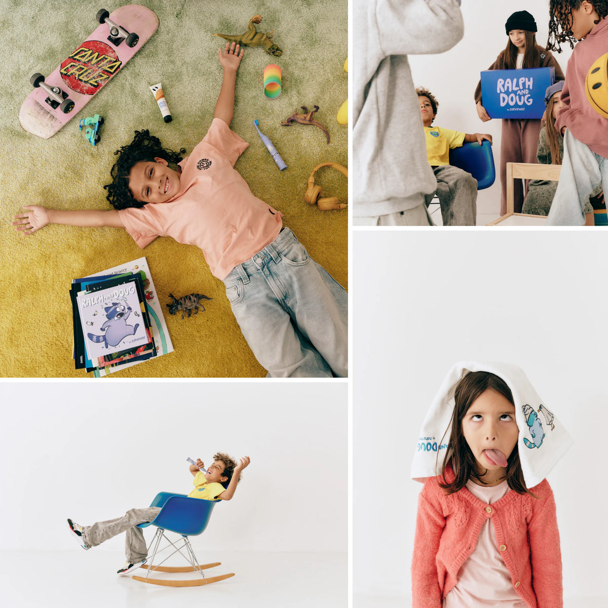 Collage: Ein Junge liegt mit Skateboard und Büchern auf dem Teppich, Kinder mit dem Ralph-und-Doug-Buch, ein Junge im Schaukelstuhl, ein Mädchen mit Handtuch auf dem Kopf