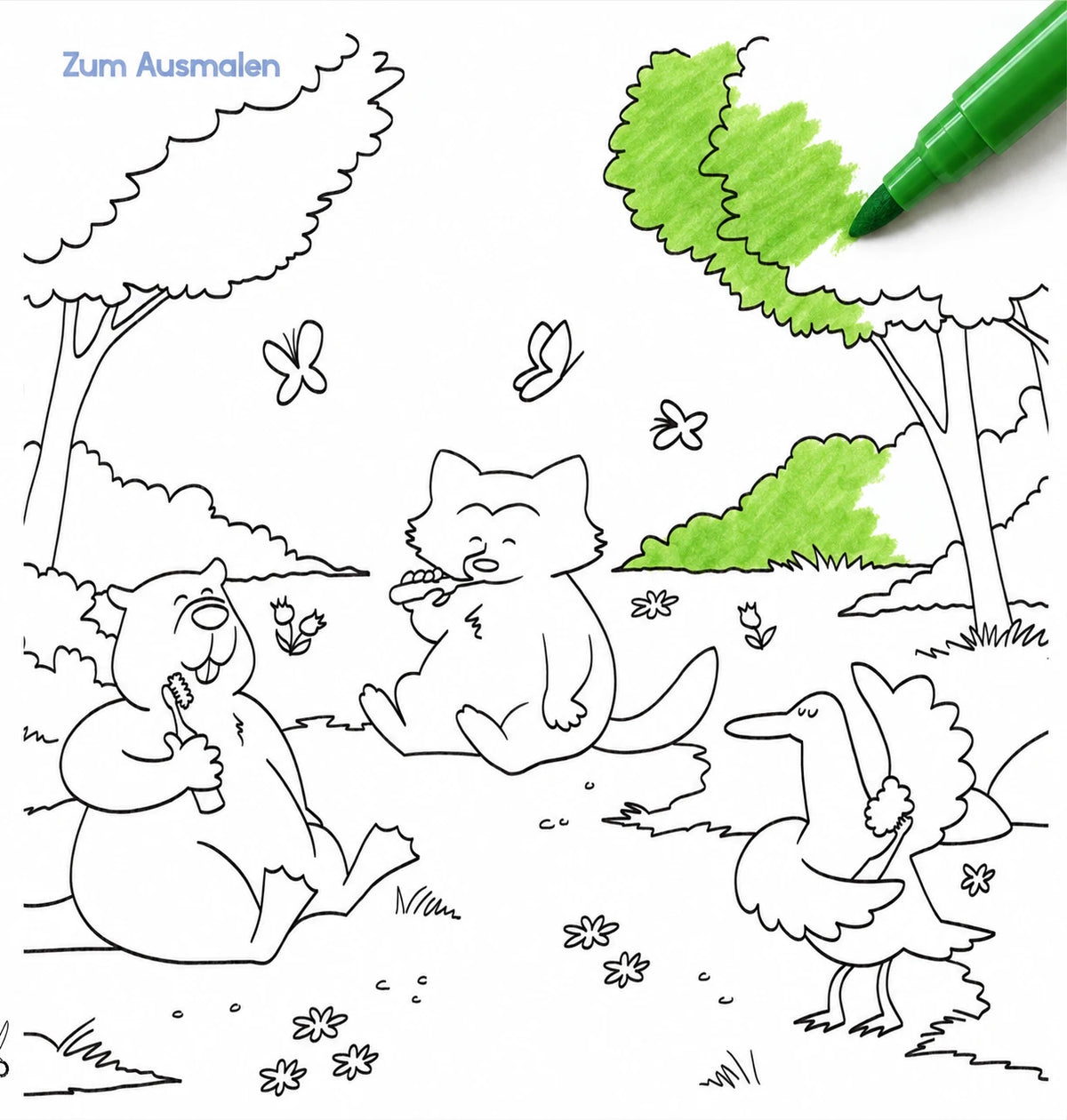 Ausmalbild aus dem Buch: Biber Bob, Ralph und Doug putzen im Wald Zähne, ein grüner Filzstift malt die Bäume aus